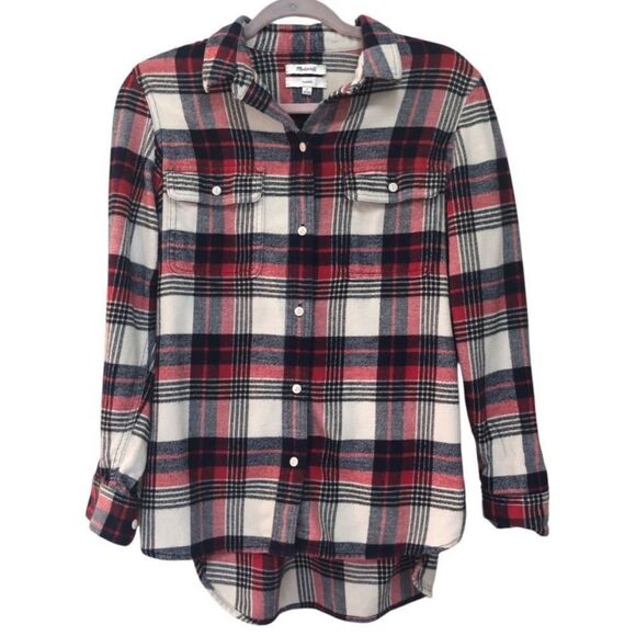 Madewell Shirt Womens Small Red Navy Plaid Flannel Button Down Classic Casual - Picture 1 of 5